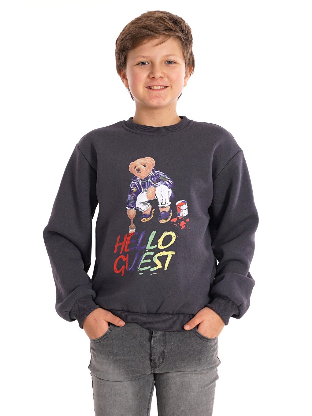 Gri Hello Guest Baskılı Füme Renk Erkek Çocuk Sweat
