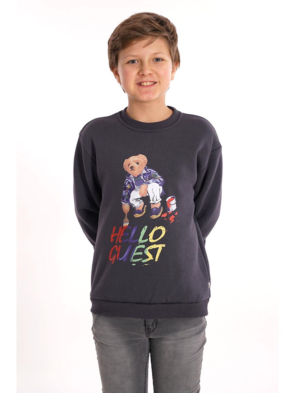 Gri Hello Guest Baskılı Füme Renk Erkek Çocuk Sweat-1