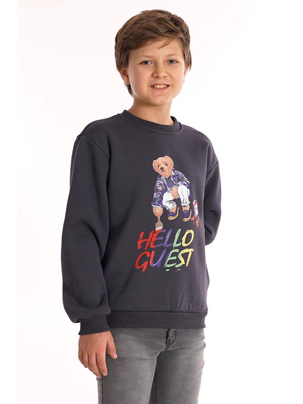 Gri Hello Guest Baskılı Füme Renk Erkek Çocuk Sweat-3