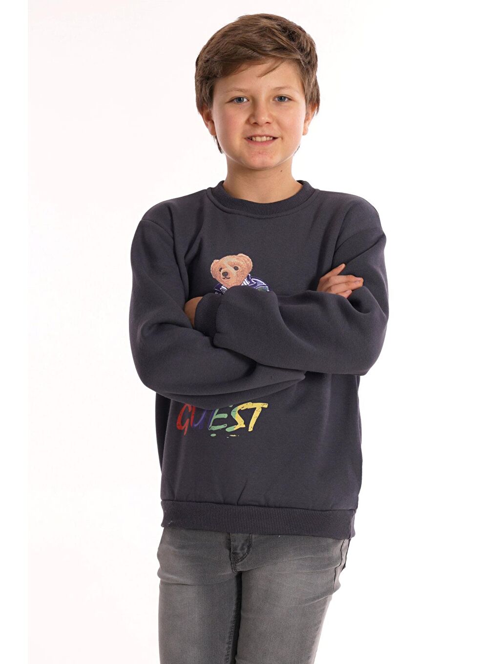 Gri Hello Guest Baskılı Füme Renk Erkek Çocuk Sweat-4