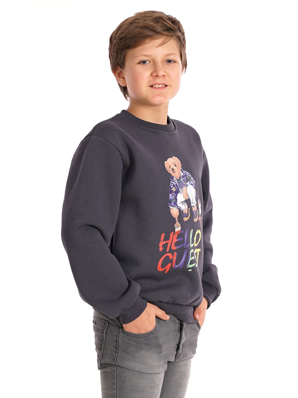 Gri Hello Guest Baskılı Füme Renk Erkek Çocuk Sweat-5