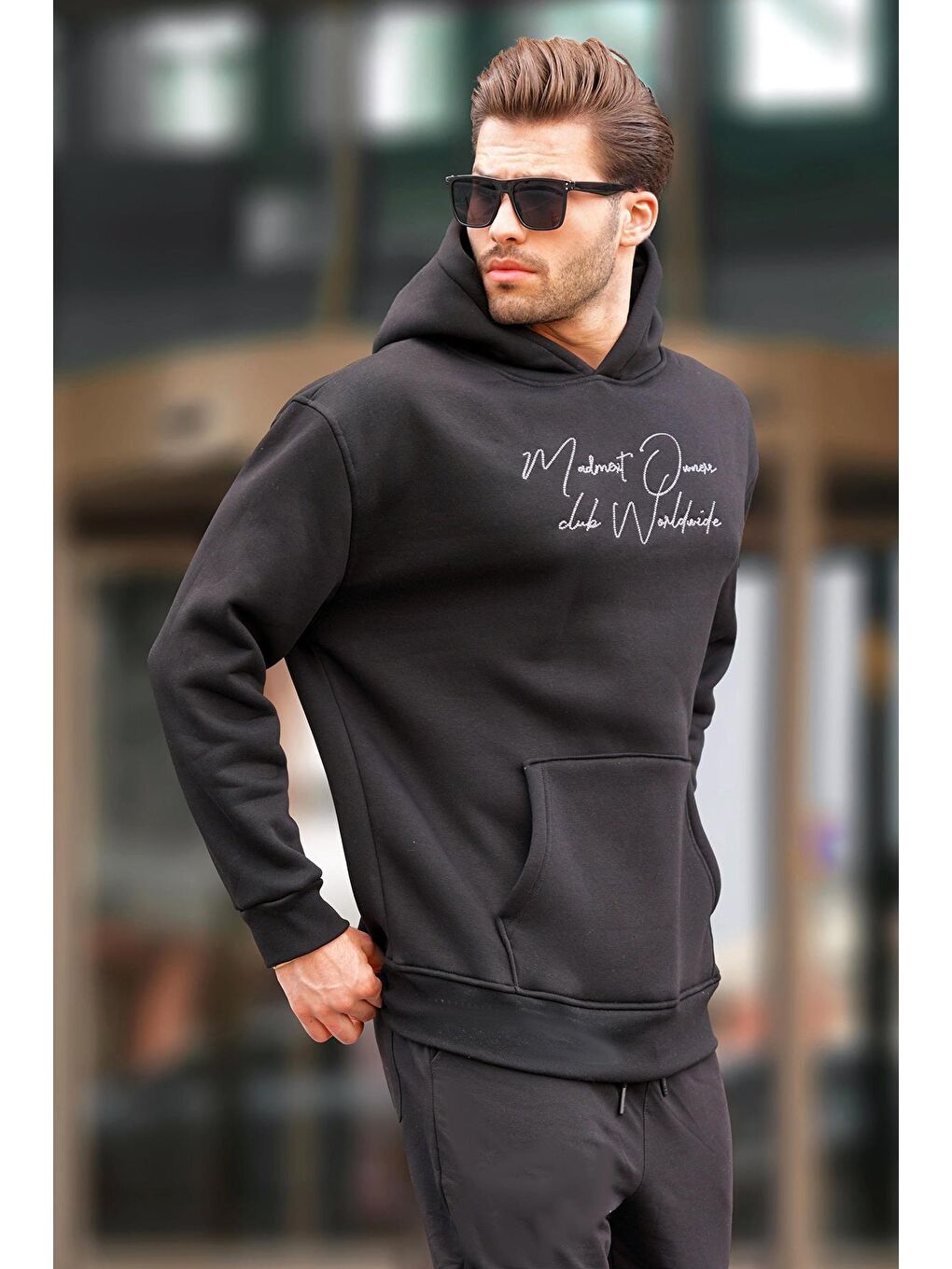 Madmext Siyah Kapüşonlu Cep Detaylı Baskılı Erkek Sweatshirt 7064