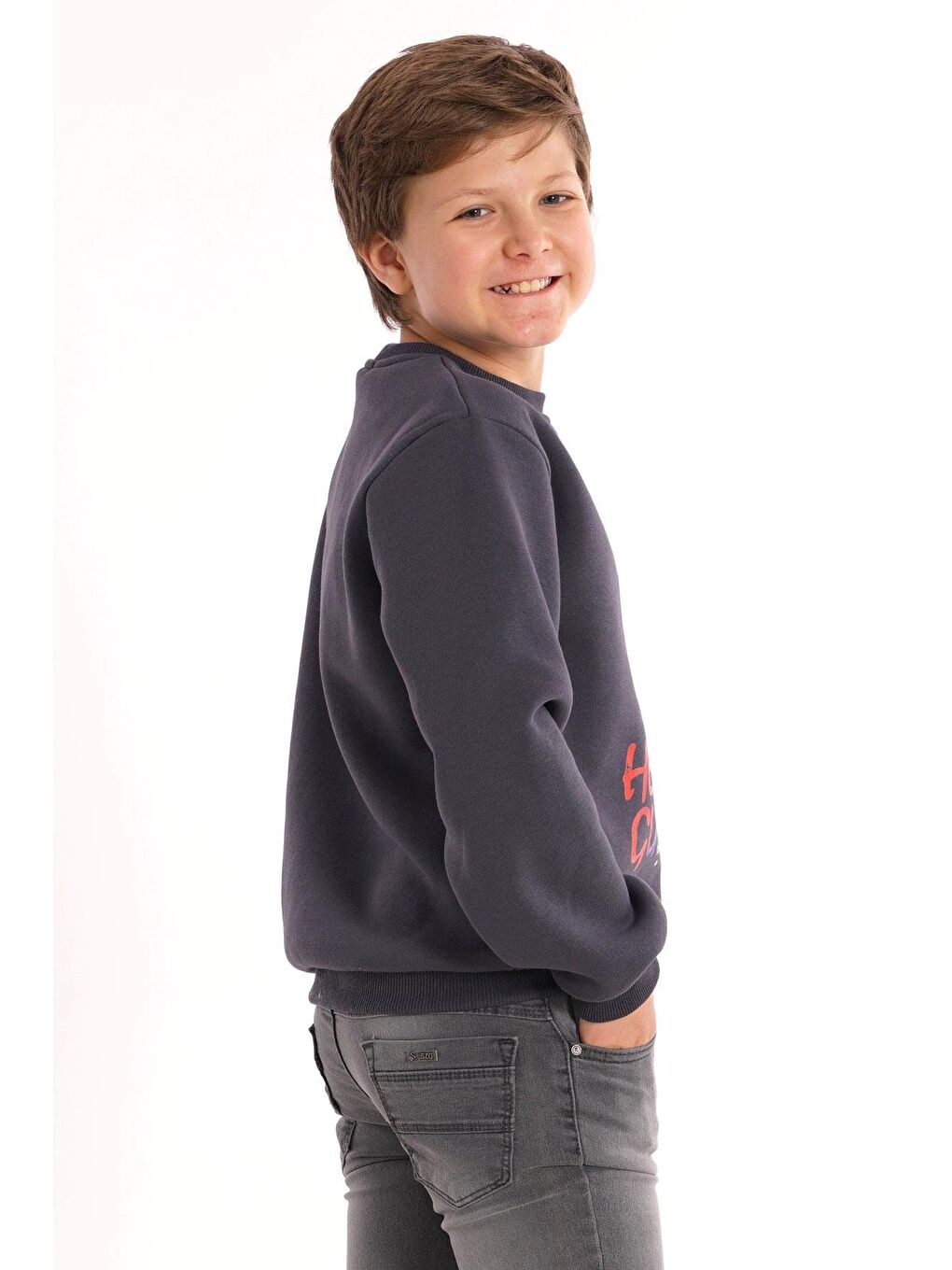 Gri Hello Guest Baskılı Füme Renk Erkek Çocuk Sweat-6