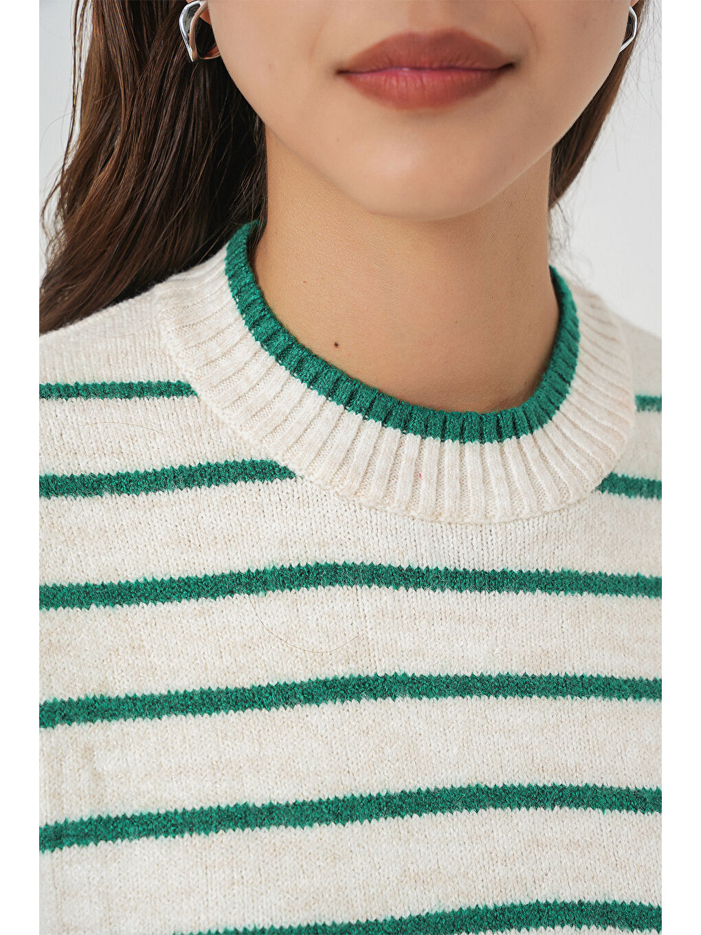 Kadın Çizgili Triko Süveter 15926 - Zümrüt Yeşili-4