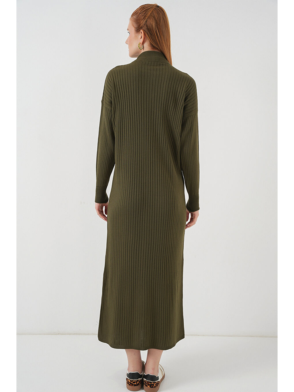 15839 Boydan Triko Elbise - Haki-5