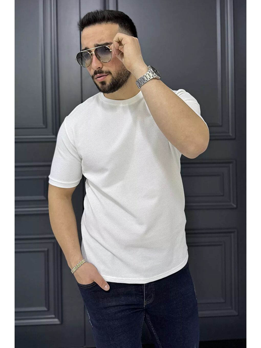 Ekru Bisiklet Yaka Erkek Tişört-1