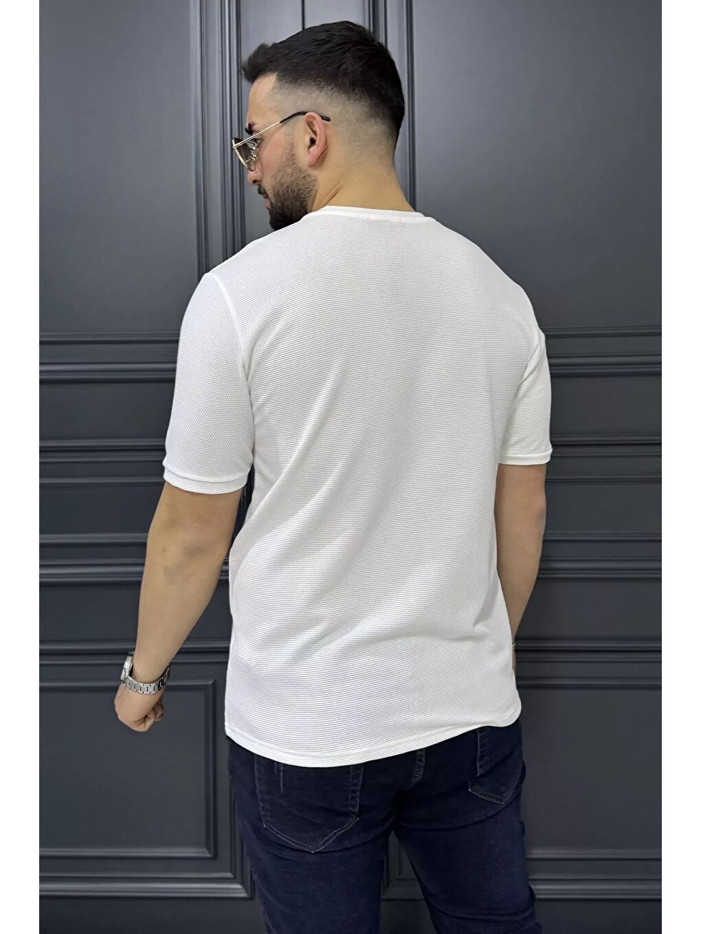 Ekru Bisiklet Yaka Erkek Tişört-2