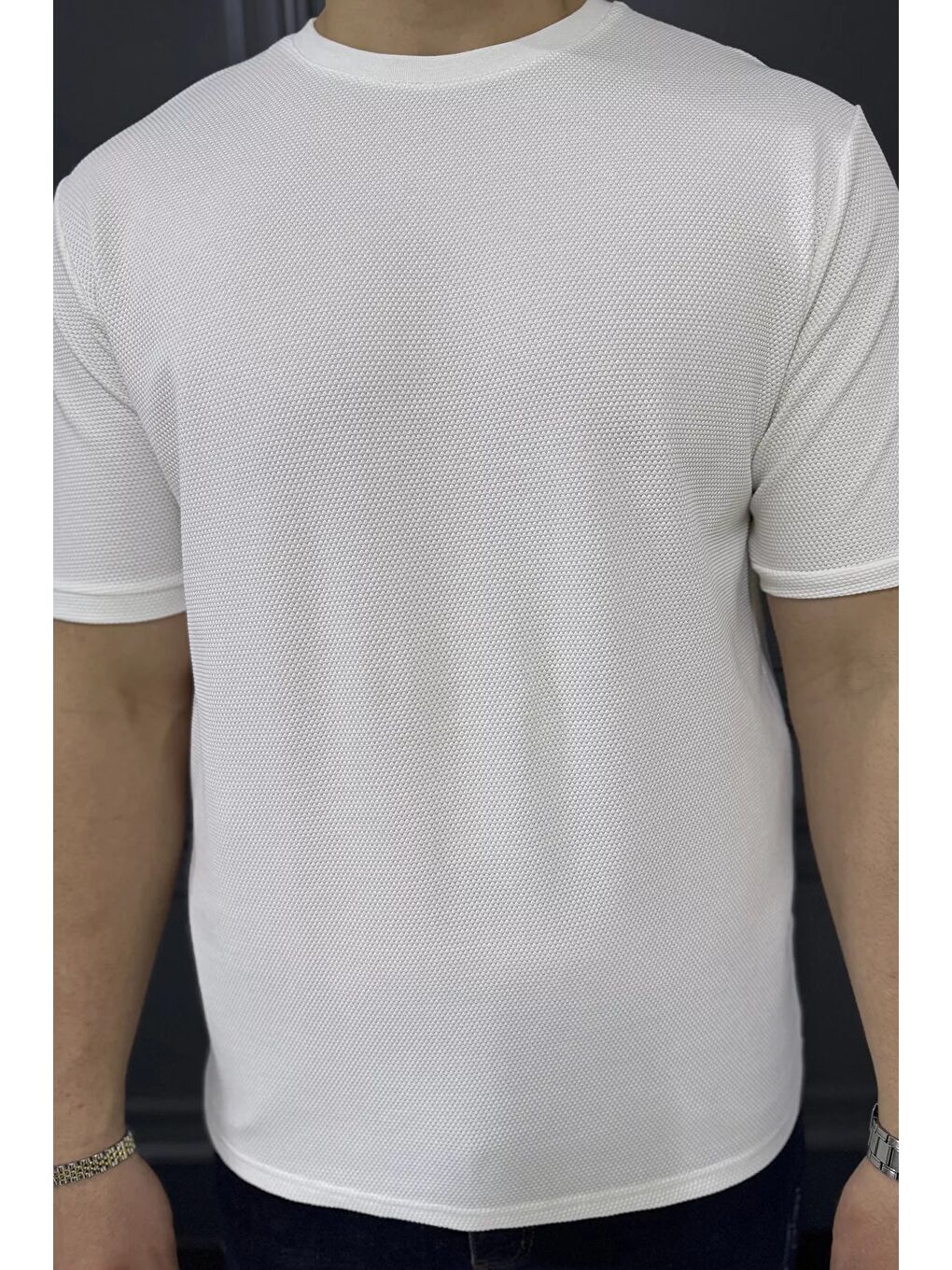 Ekru Bisiklet Yaka Erkek Tişört-3