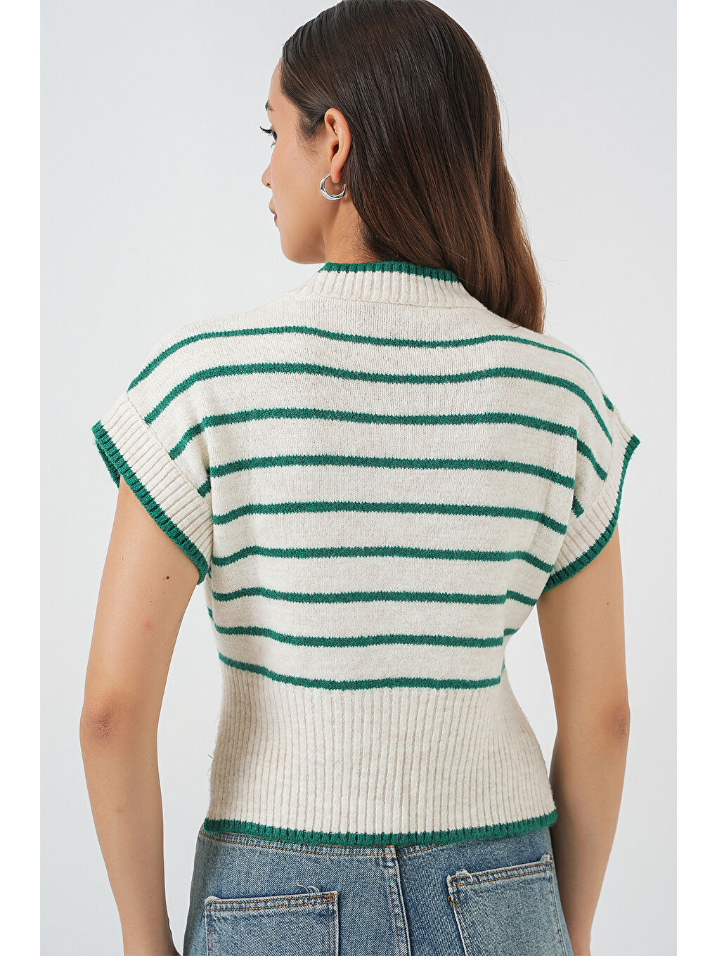 Kadın Çizgili Triko Süveter 15926 - Zümrüt Yeşili-5