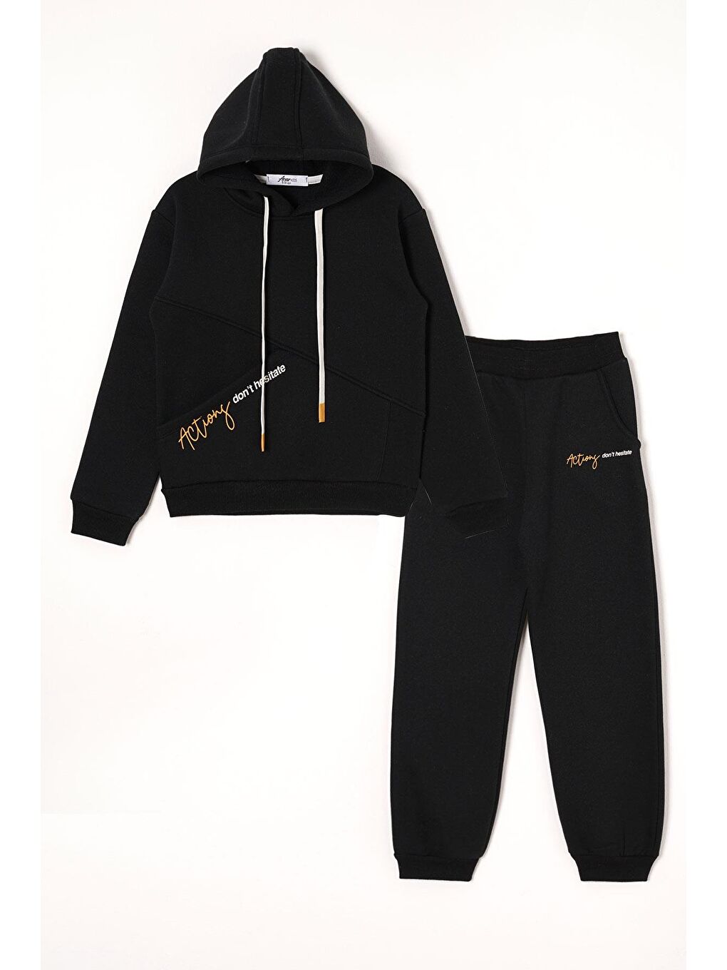Kapüşonlu Uzun Kol Yazı Baskılı Siyah Renk Erkek Çocuk Eşofman Takım