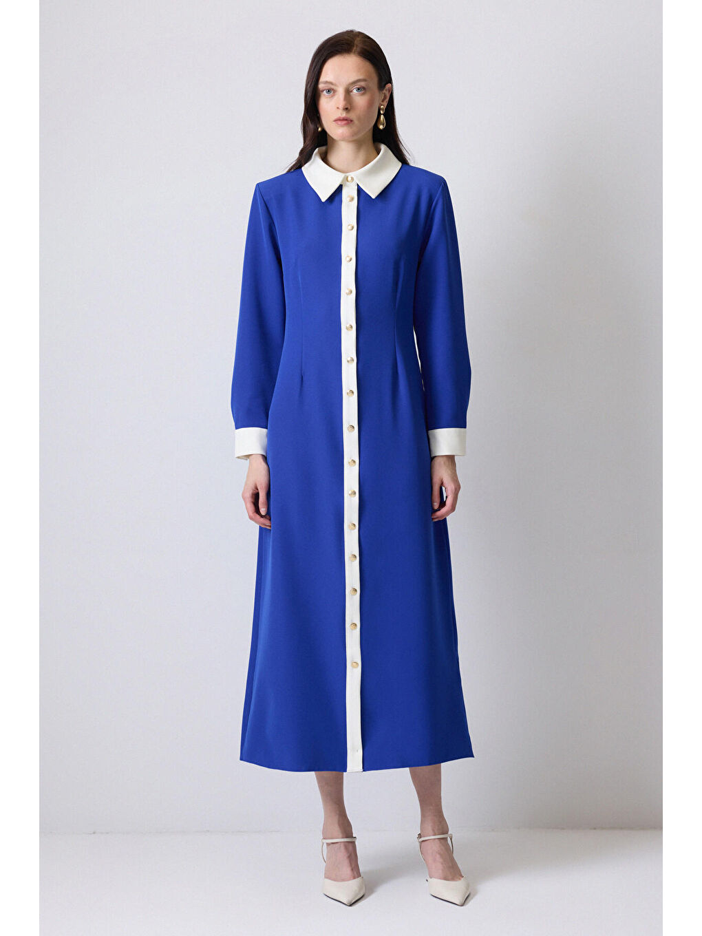 Mavi Gold Düğmeli Krep Elbise