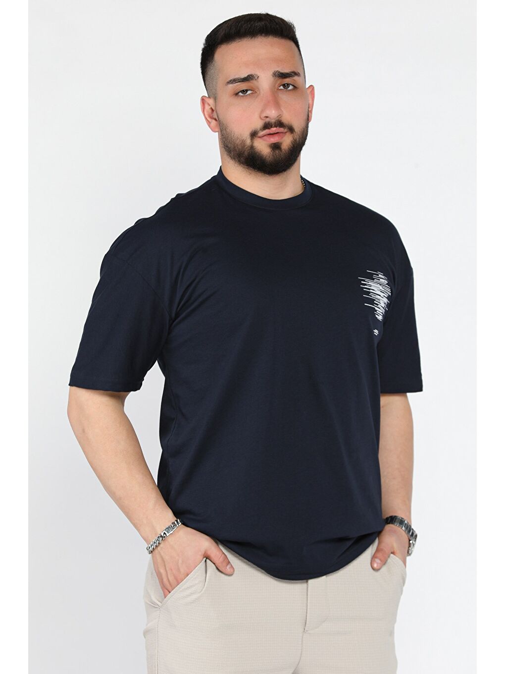 Lacivert Baskılı Bisiklet Yaka Erkek Tişört-1