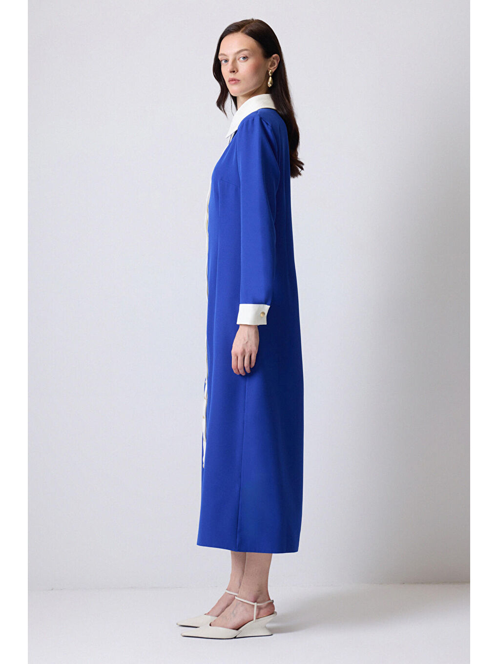 Mavi Gold Düğmeli Krep Elbise-1