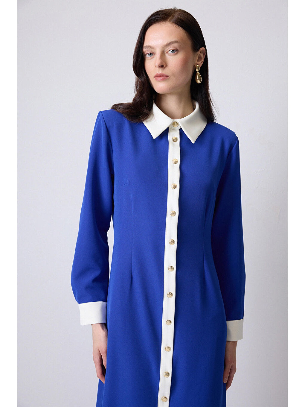 Mavi Gold Düğmeli Krep Elbise-3