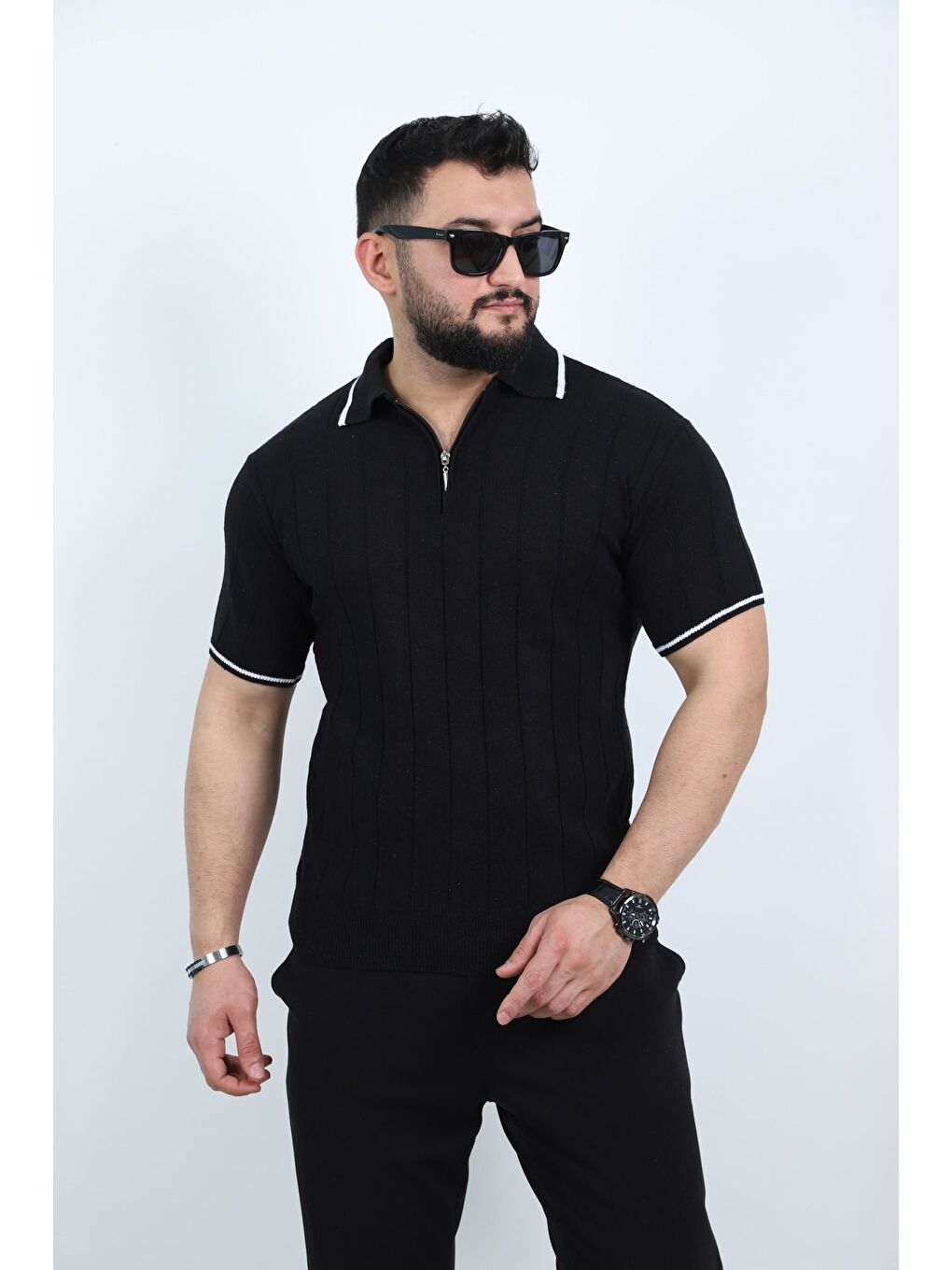 Trendseninle Siyah Yarım Fermuarlı Polo Yaka Düz Triko Örme Tişört