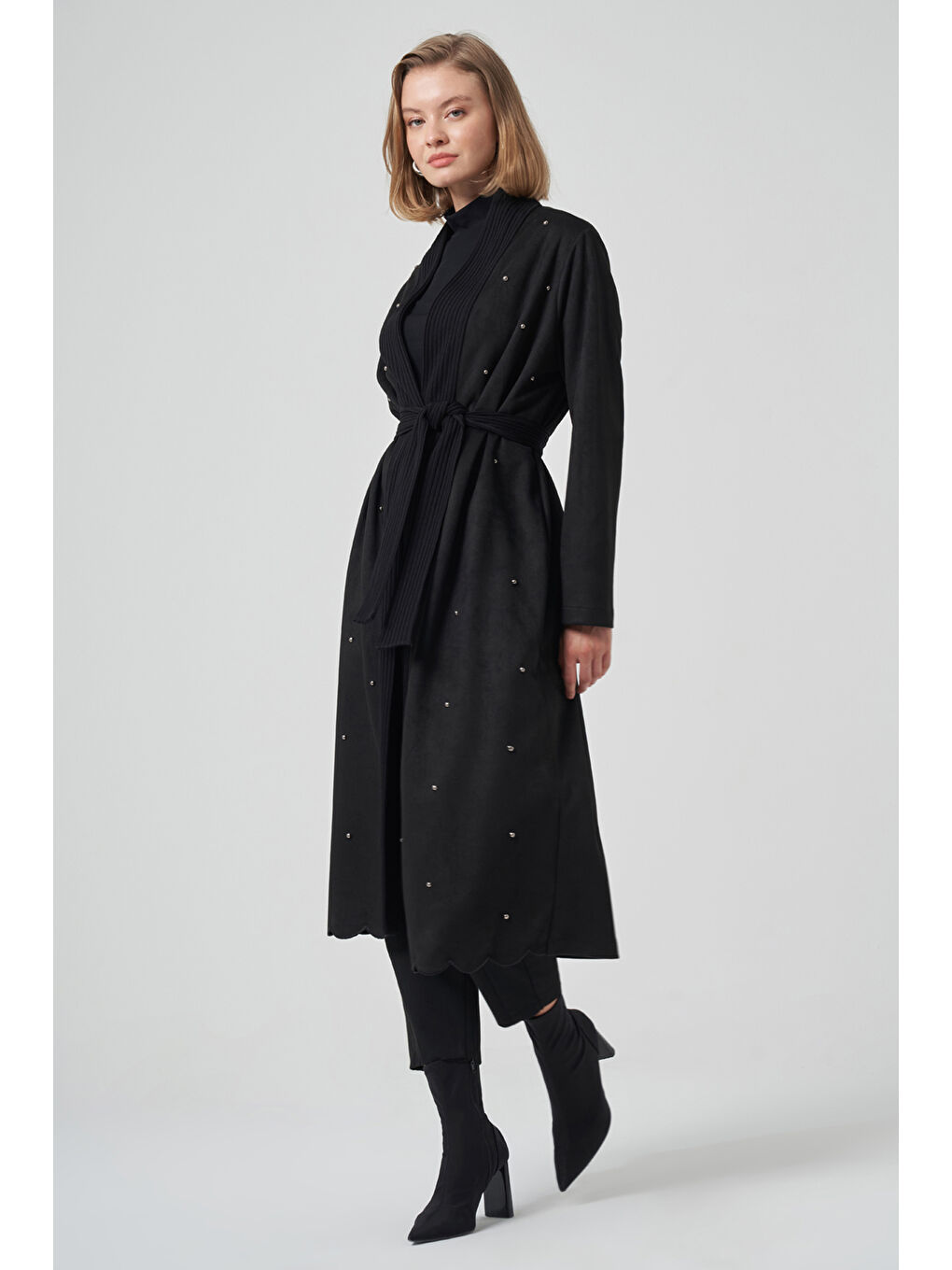 Boncuk İşlemeli Triko Kemer Detay Süet Kap Ceket 6001 Siyah-2