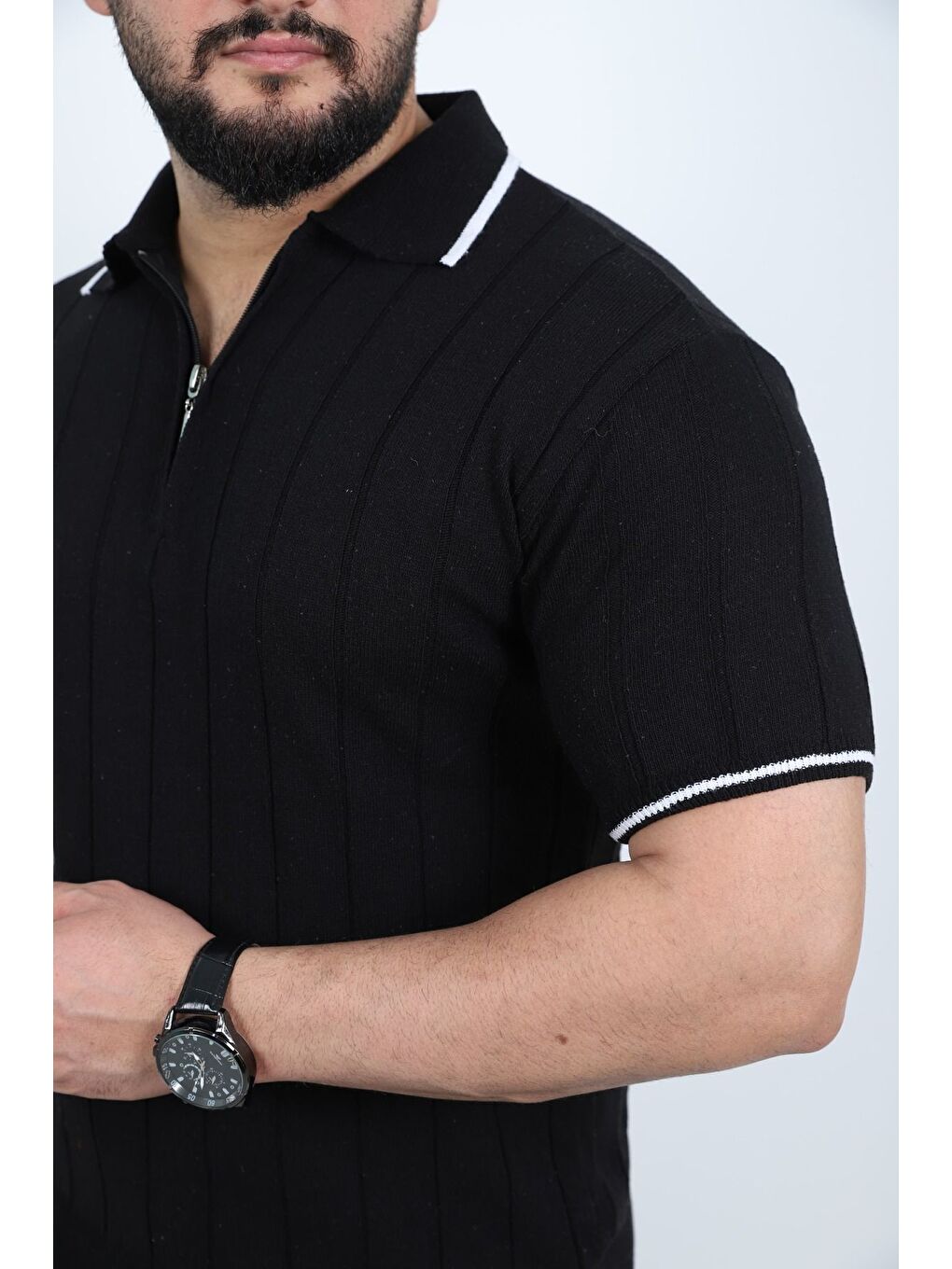 Trendseninle Siyah Yarım Fermuarlı Polo Yaka Düz Triko Örme Tişört - 2