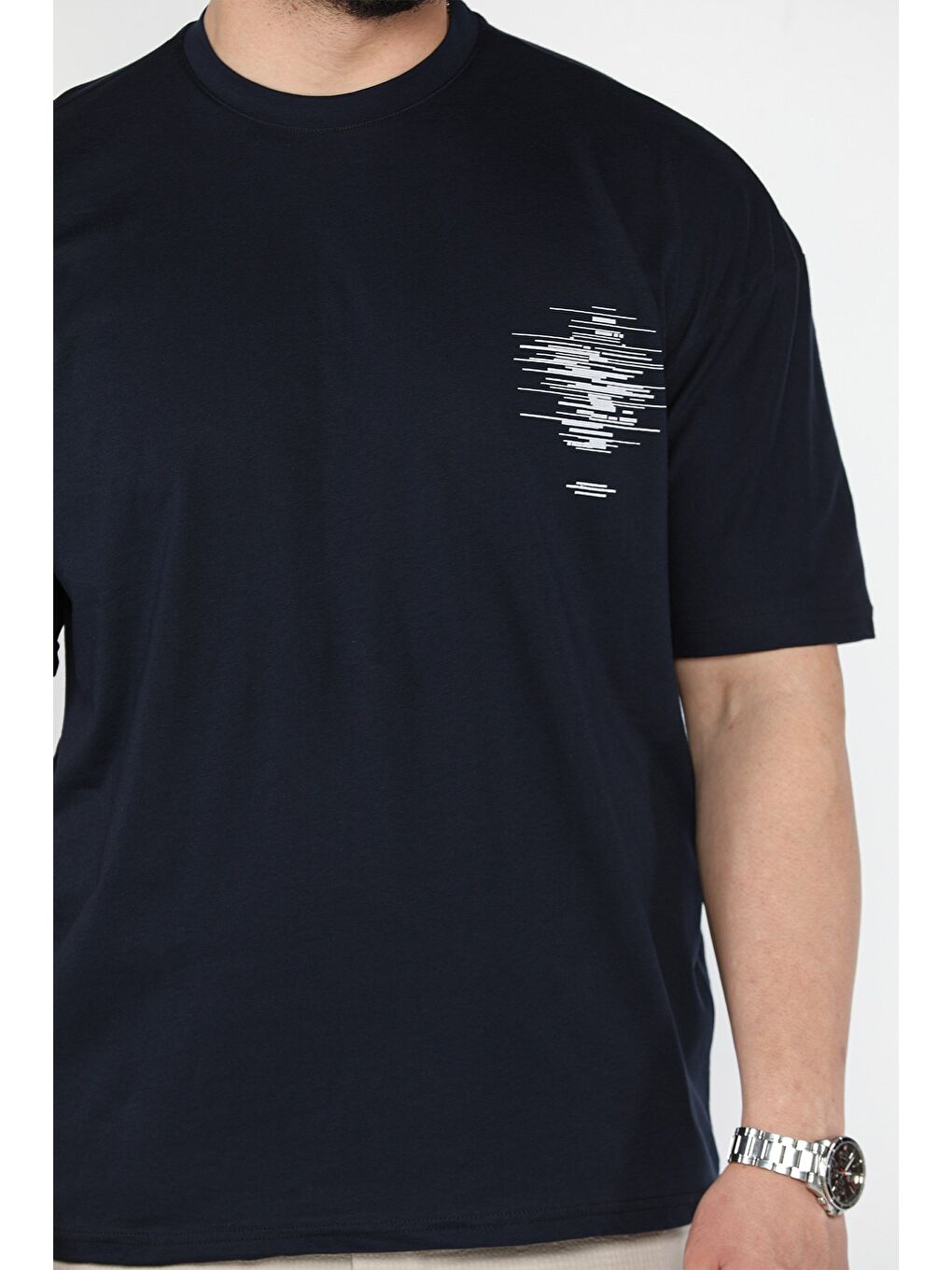 Lacivert Baskılı Bisiklet Yaka Erkek Tişört-3