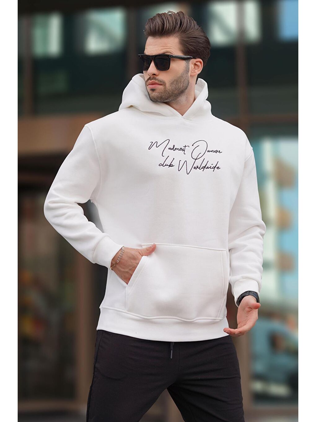 Madmext Ekru Kapüşonlu Cep Detaylı Baskılı Erkek Sweatshirt 7064