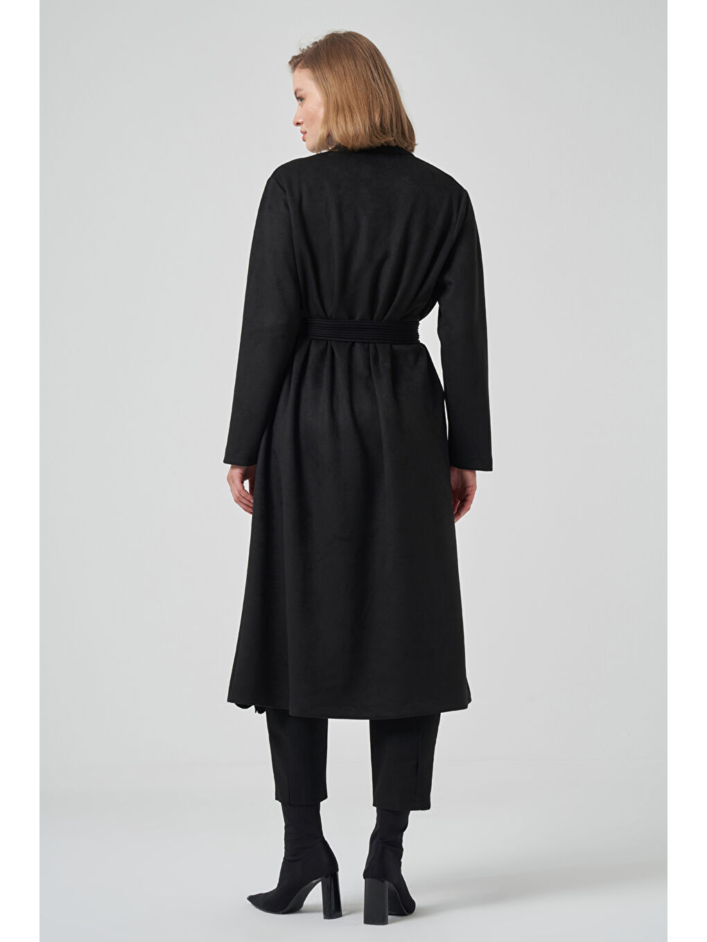 Boncuk İşlemeli Triko Kemer Detay Süet Kap Ceket 6001 Siyah-3