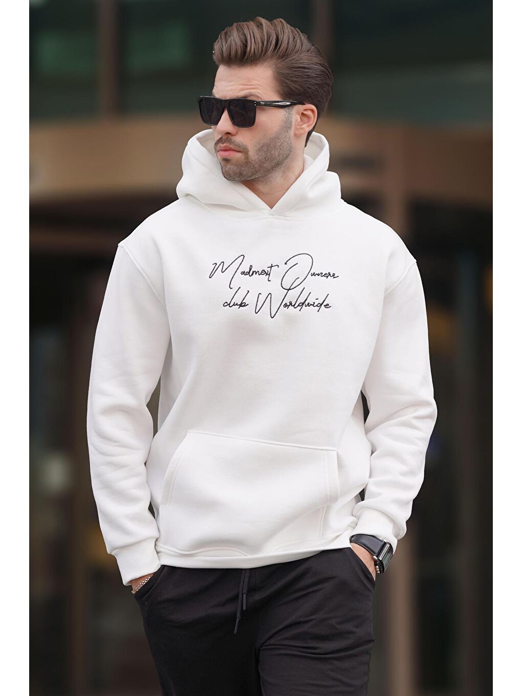 Madmext Ekru Kapüşonlu Cep Detaylı Baskılı Erkek Sweatshirt 7064 - 1