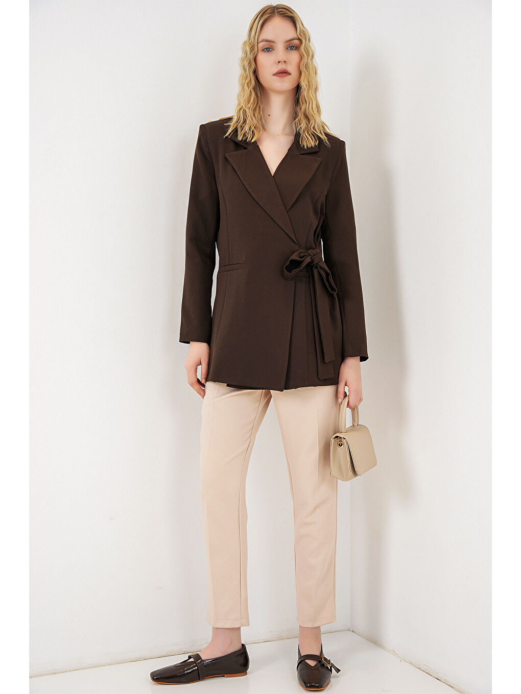 Kadın Yandan Bağlamalı Blazer Ceket 0750 - Kahverengi-1