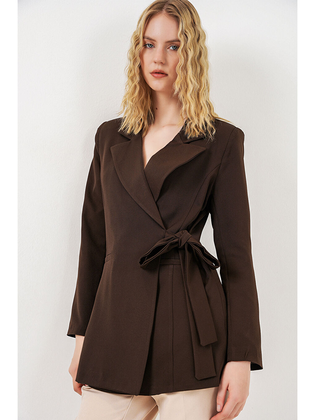 Kadın Yandan Bağlamalı Blazer Ceket 0750 - Kahverengi-2
