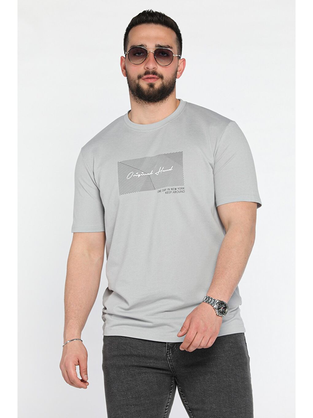Gri Erkek Bisiklet Yaka Baskılı Tişört