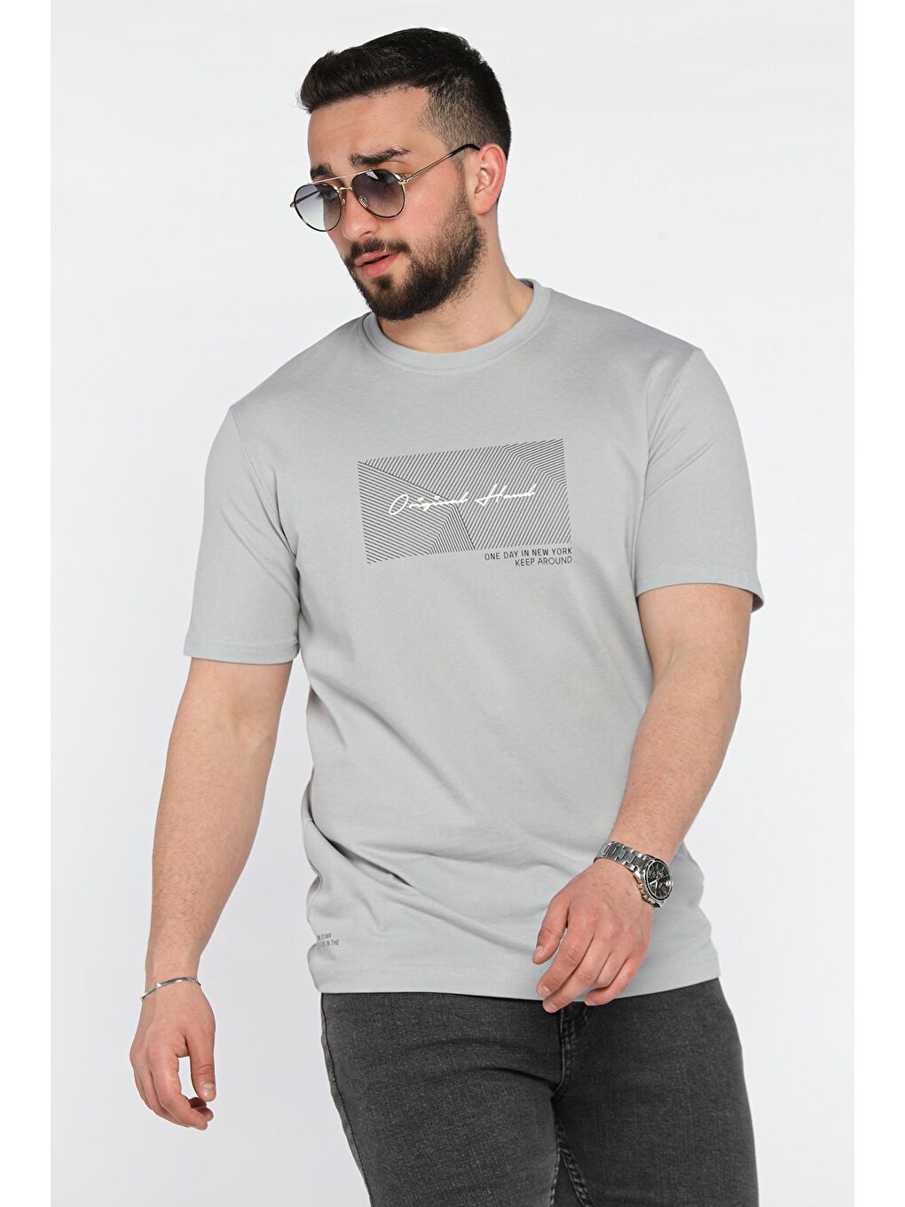 Gri Erkek Bisiklet Yaka Baskılı Tişört-1