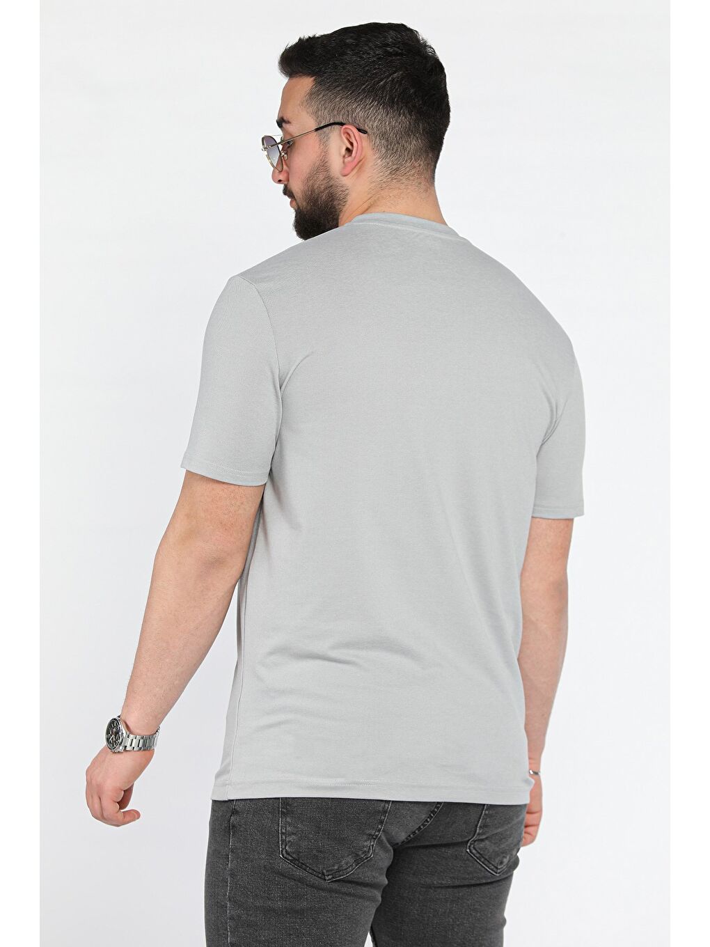 Gri Erkek Bisiklet Yaka Baskılı Tişört-2