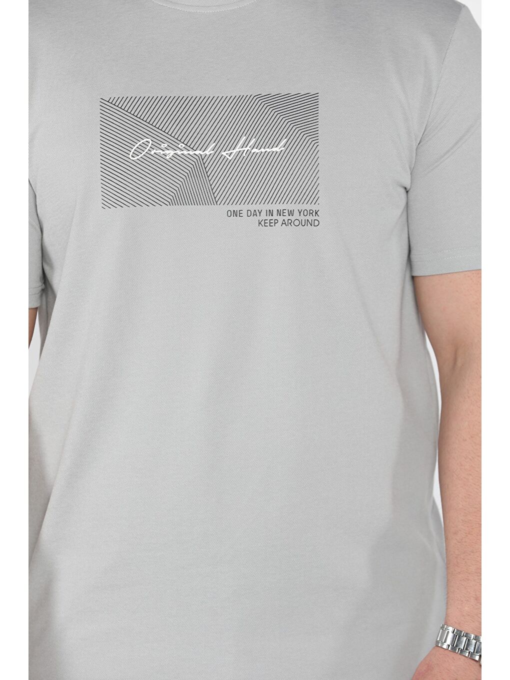 Gri Erkek Bisiklet Yaka Baskılı Tişört-3