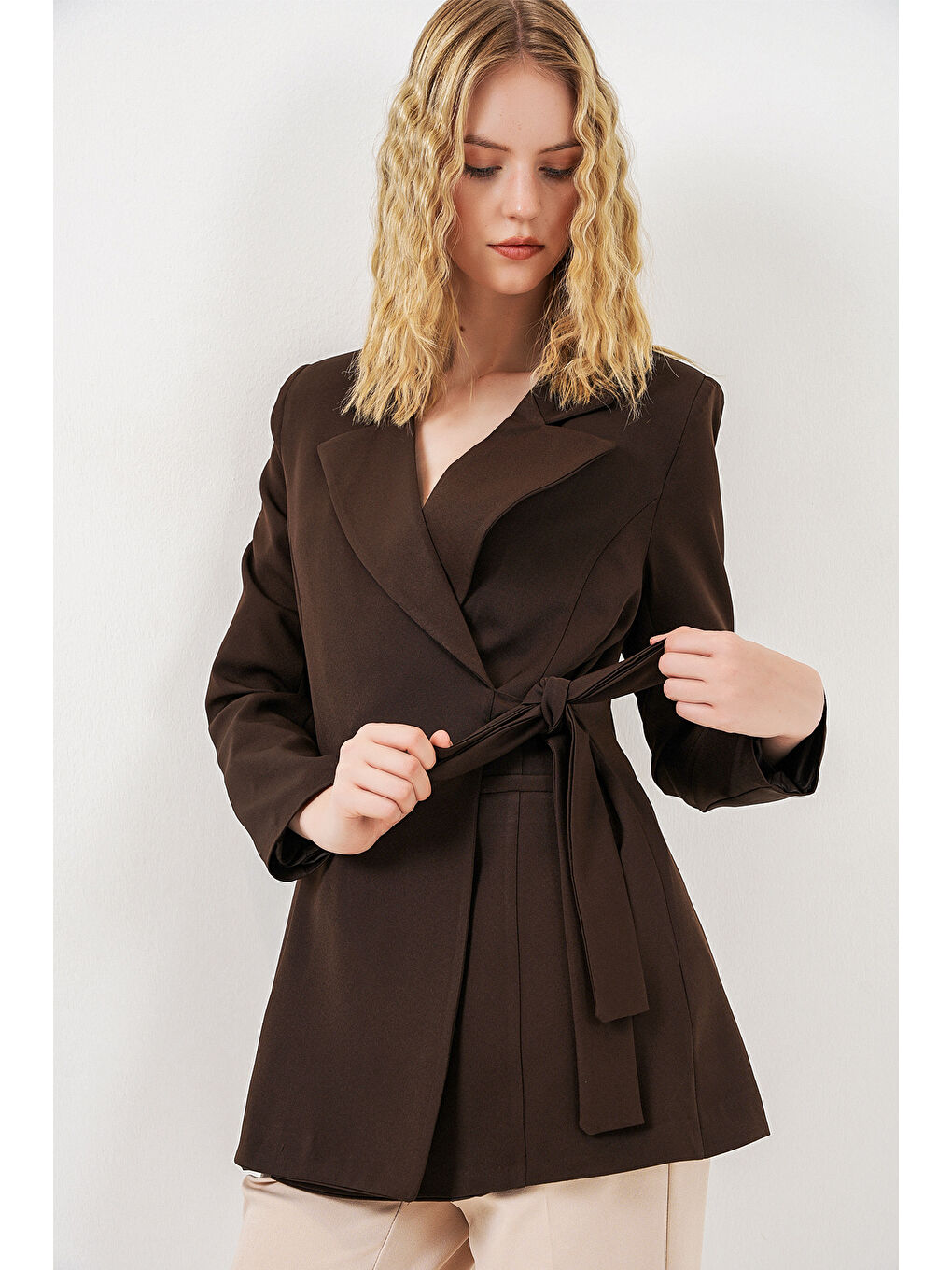 Kadın Yandan Bağlamalı Blazer Ceket 0750 - Kahverengi-3