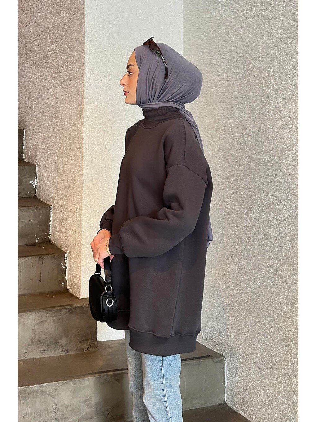 Üç İplikli Yarım Balıkçı Yakalı Basic Tunik Antrasit-1