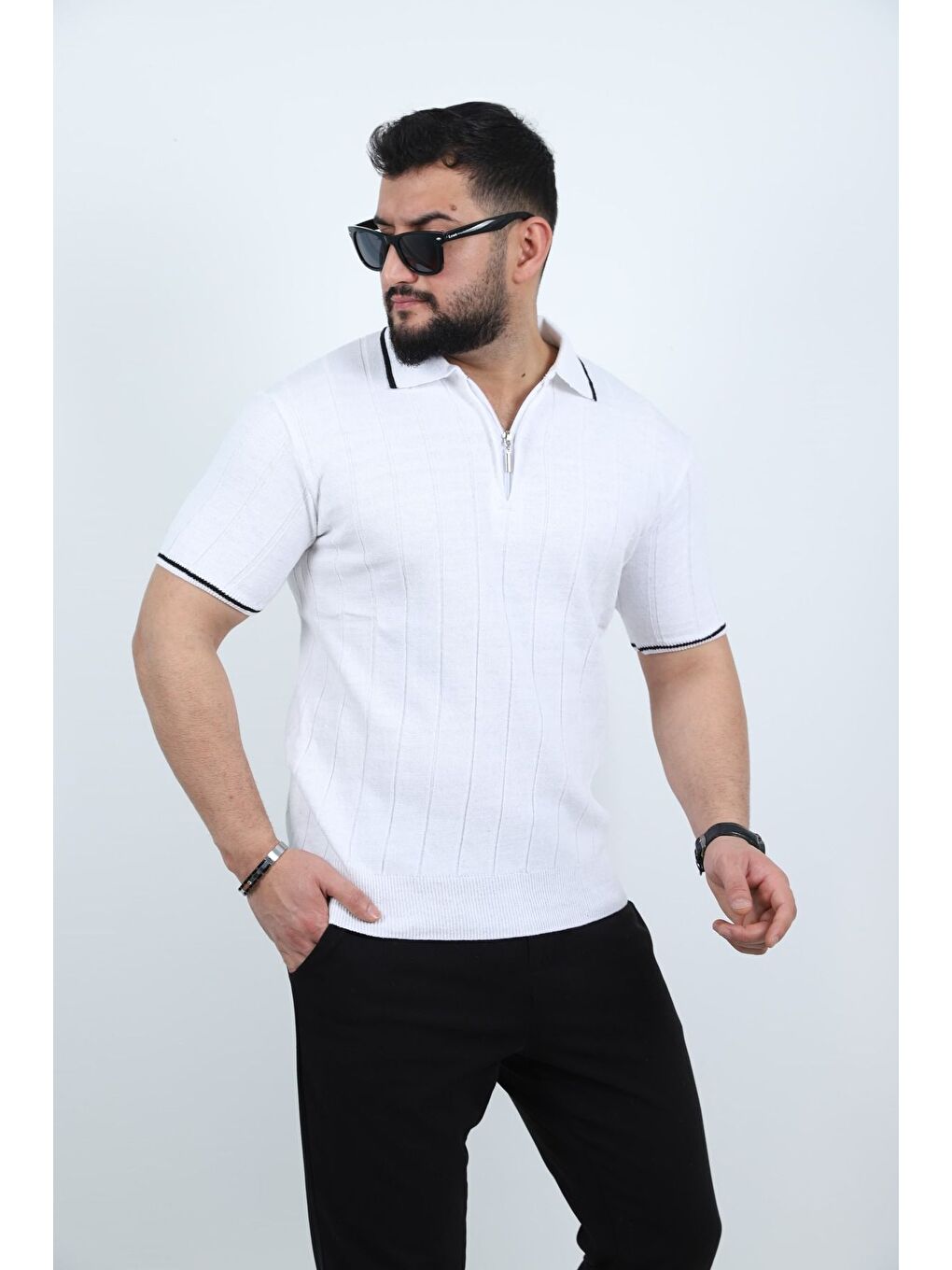 Trendseninle Beyaz Yarım Fermuarlı Polo Yaka Düz Triko Örme Tişört