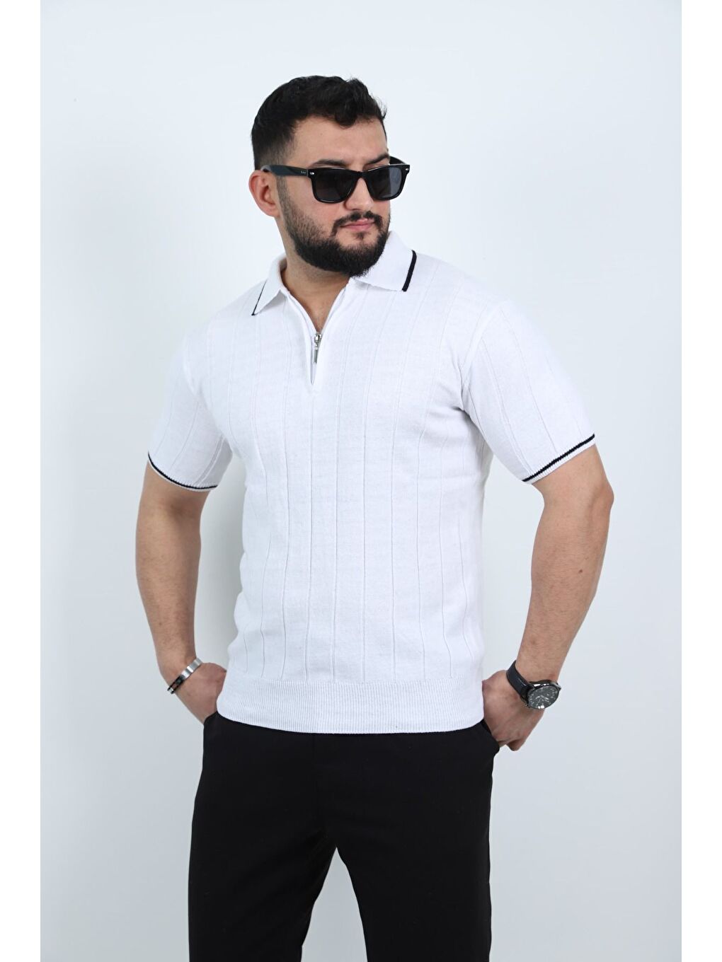 Trendseninle Beyaz Yarım Fermuarlı Polo Yaka Düz Triko Örme Tişört - 1