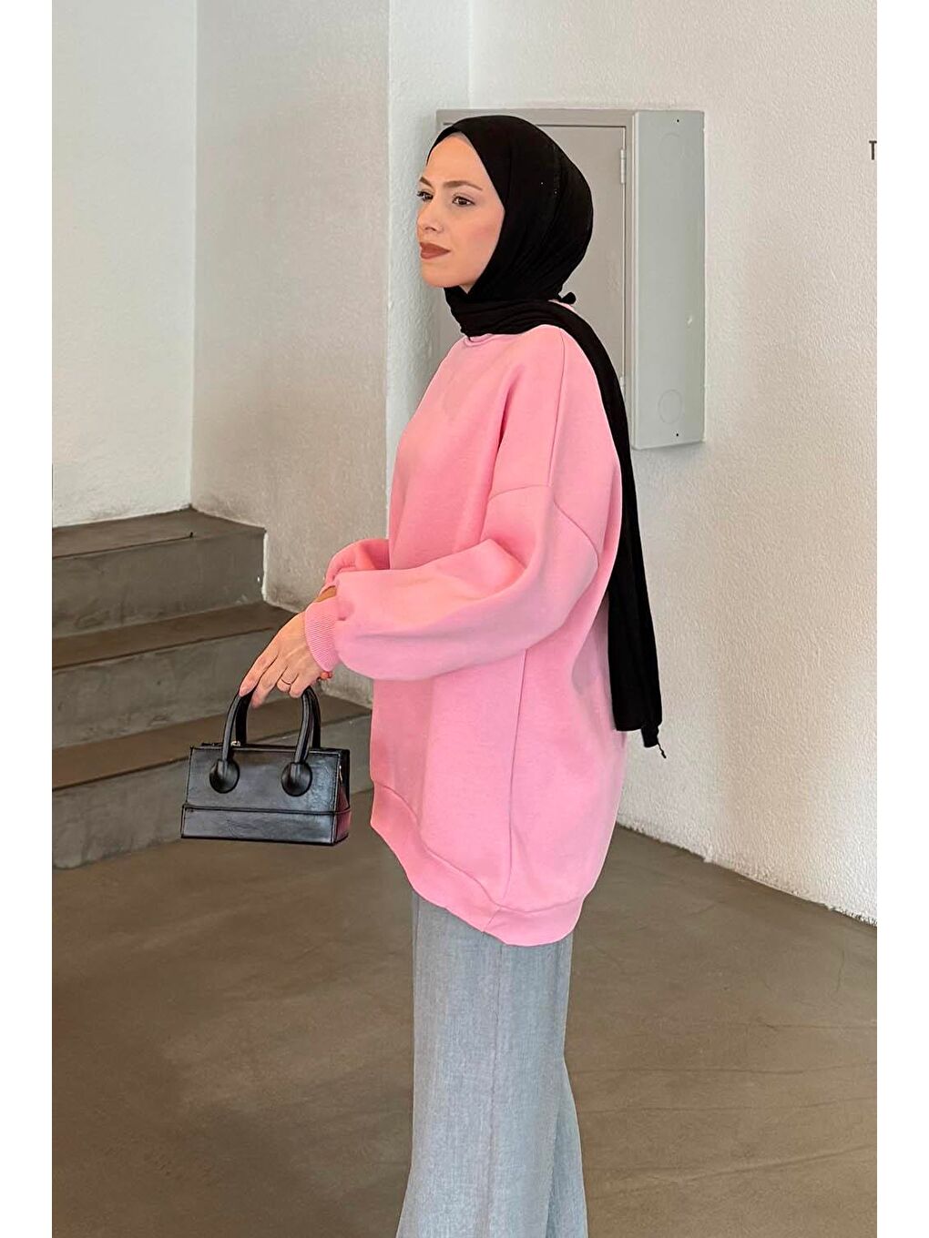 Jasmin Bisiklet Yaka Oversize Sweat Şeker Pembesi-1