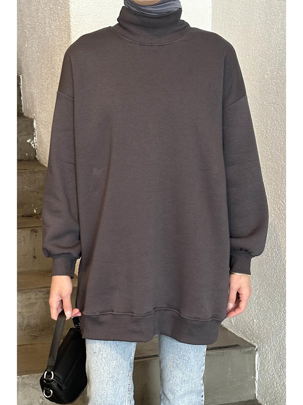 Üç İplikli Yarım Balıkçı Yakalı Basic Tunik Antrasit-2