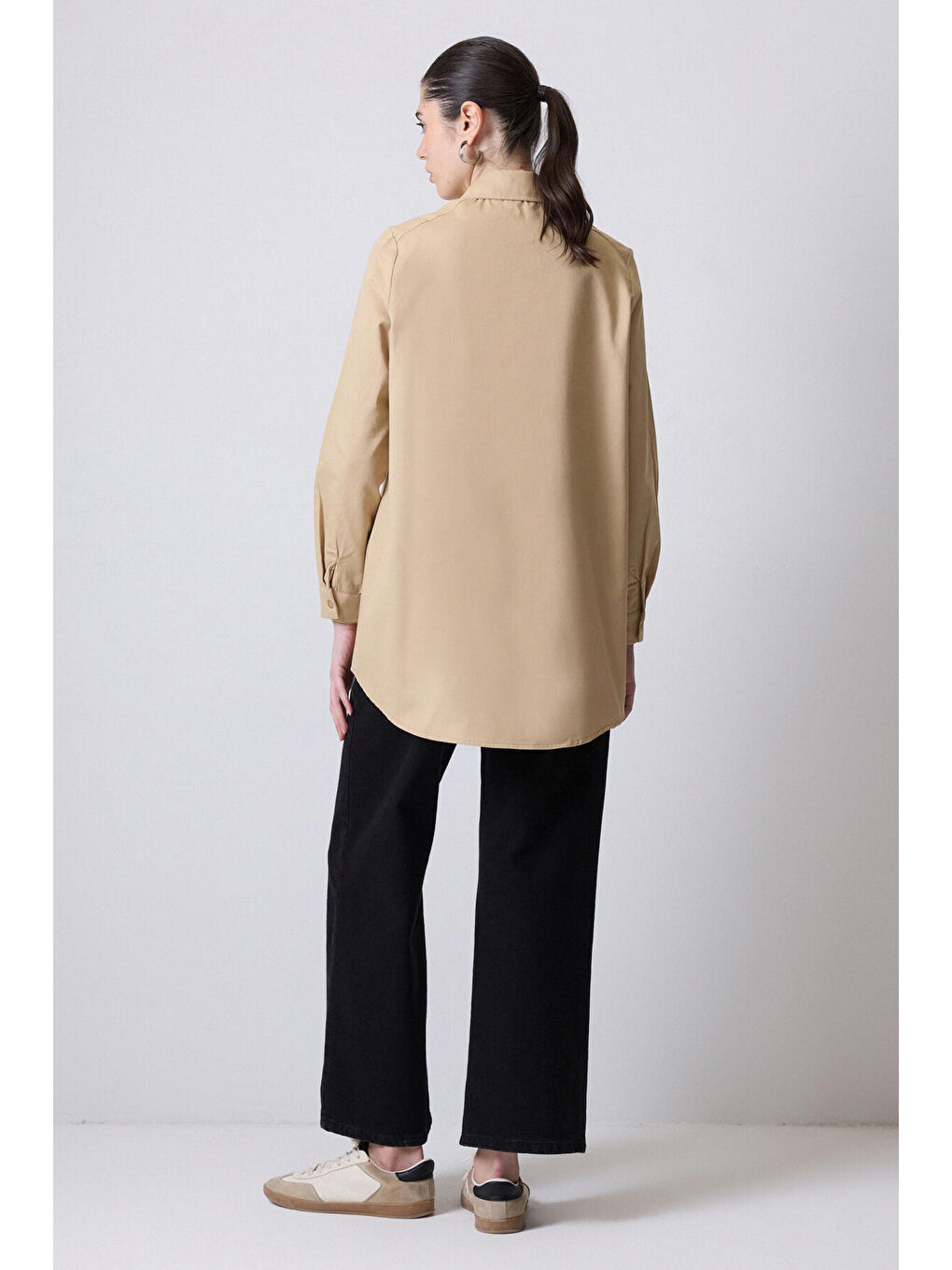 Bej Şerit Detaylı Gabardin Gömlek-3