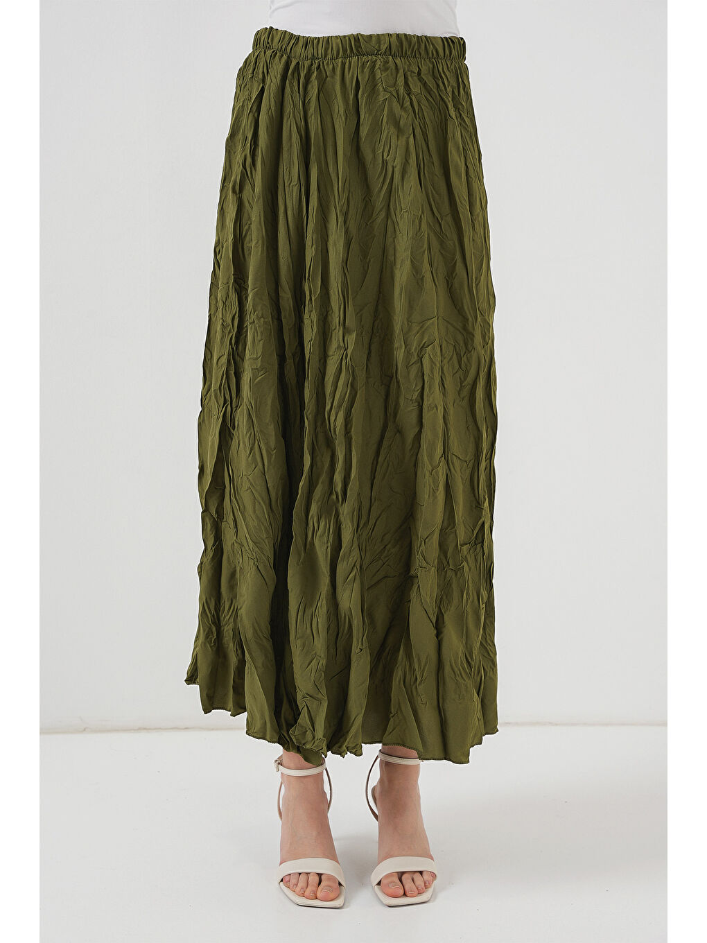 Kadın Uzun Kırışık Etek 8042 - Haki-1
