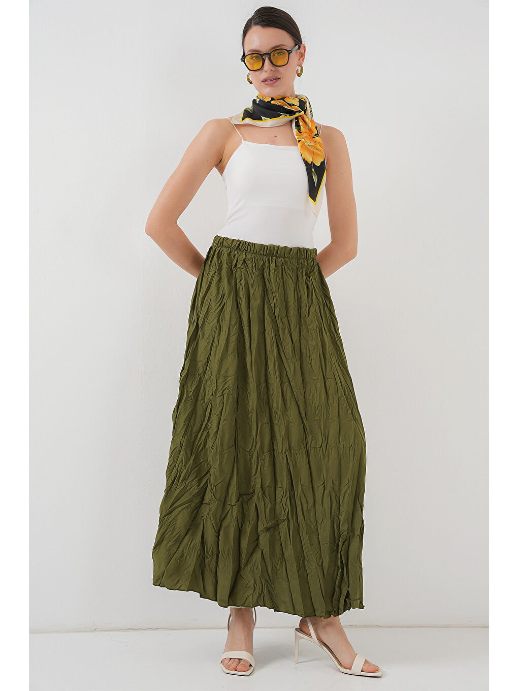 Kadın Uzun Kırışık Etek 8042 - Haki-2