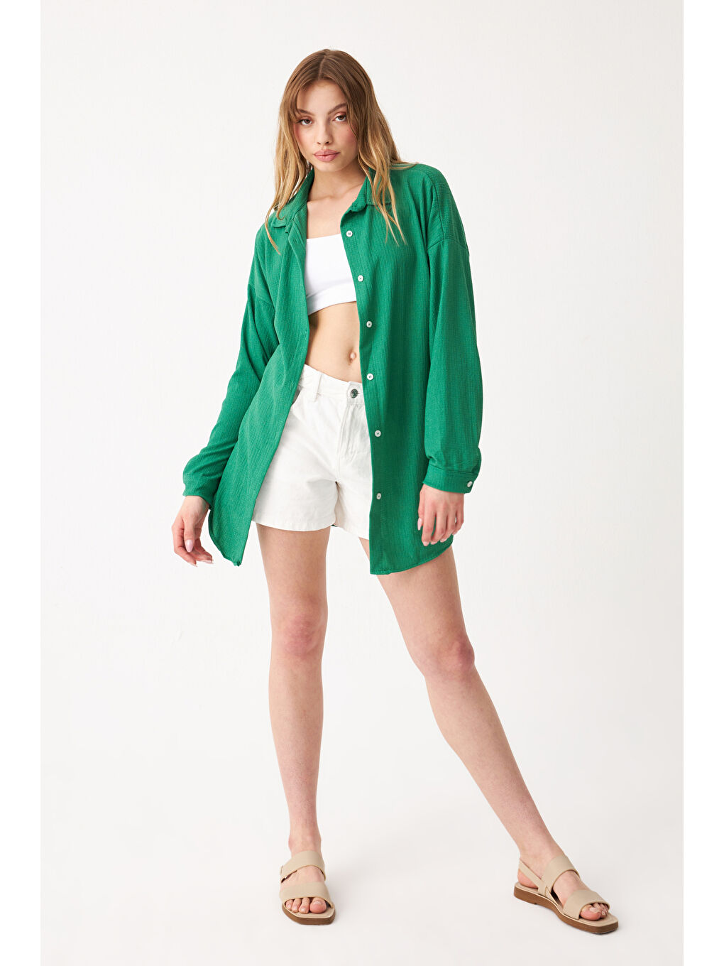 Kadın Yeşil Oversize Uzun Krinkıl Gömlek