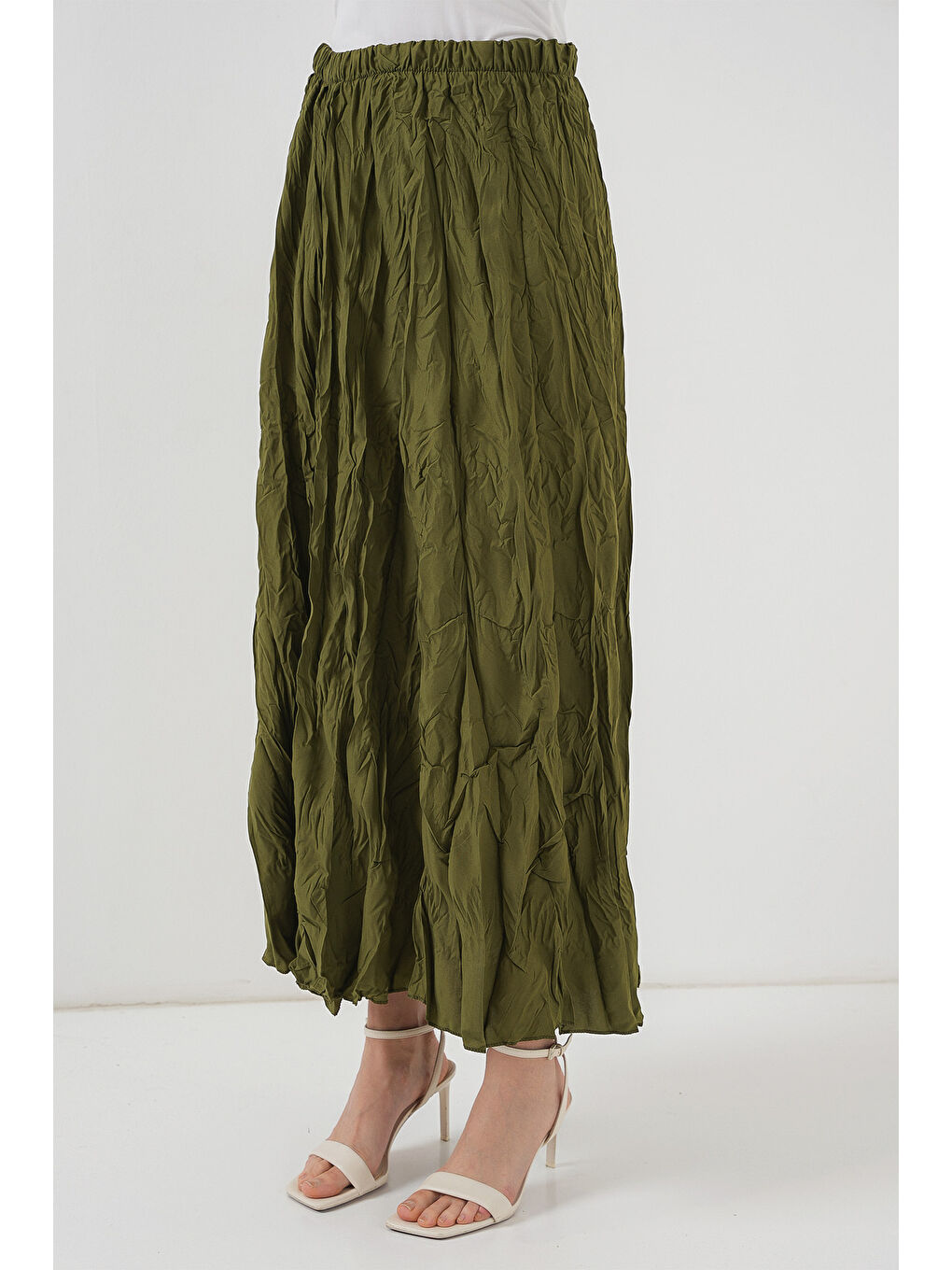 Kadın Uzun Kırışık Etek 8042 - Haki-3