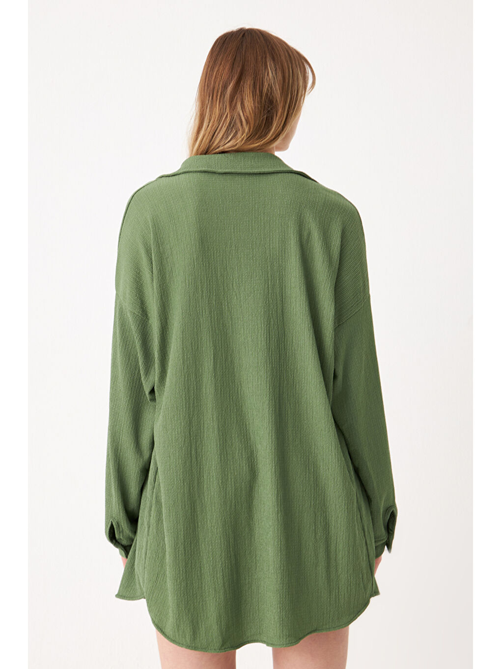 Kadın Haki Yeşil Uzun Krinkıl Gömlek-1