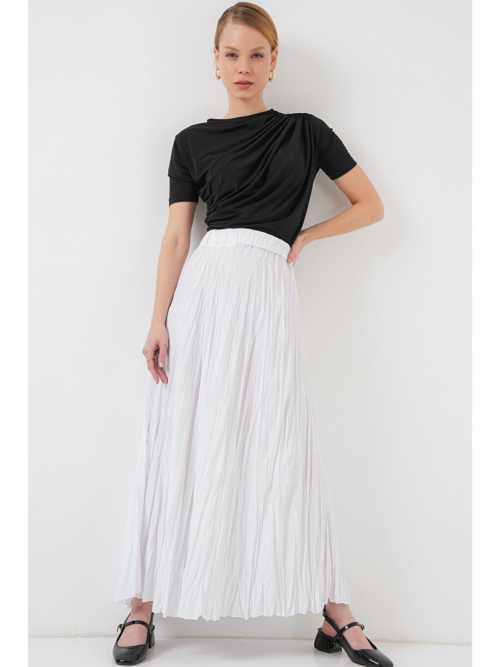 Kadın Uzun Kırışık Etek 8042 - Beyaz