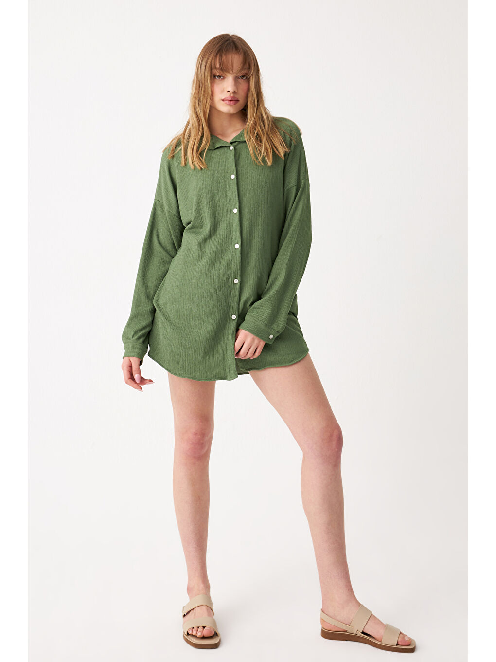 Kadın Haki Yeşil Uzun Krinkıl Gömlek-2