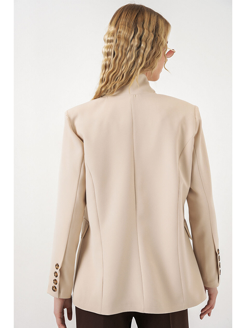 Kadın Tek Düğmeli Oversize Blazer Ceket 0749 - Bej-4