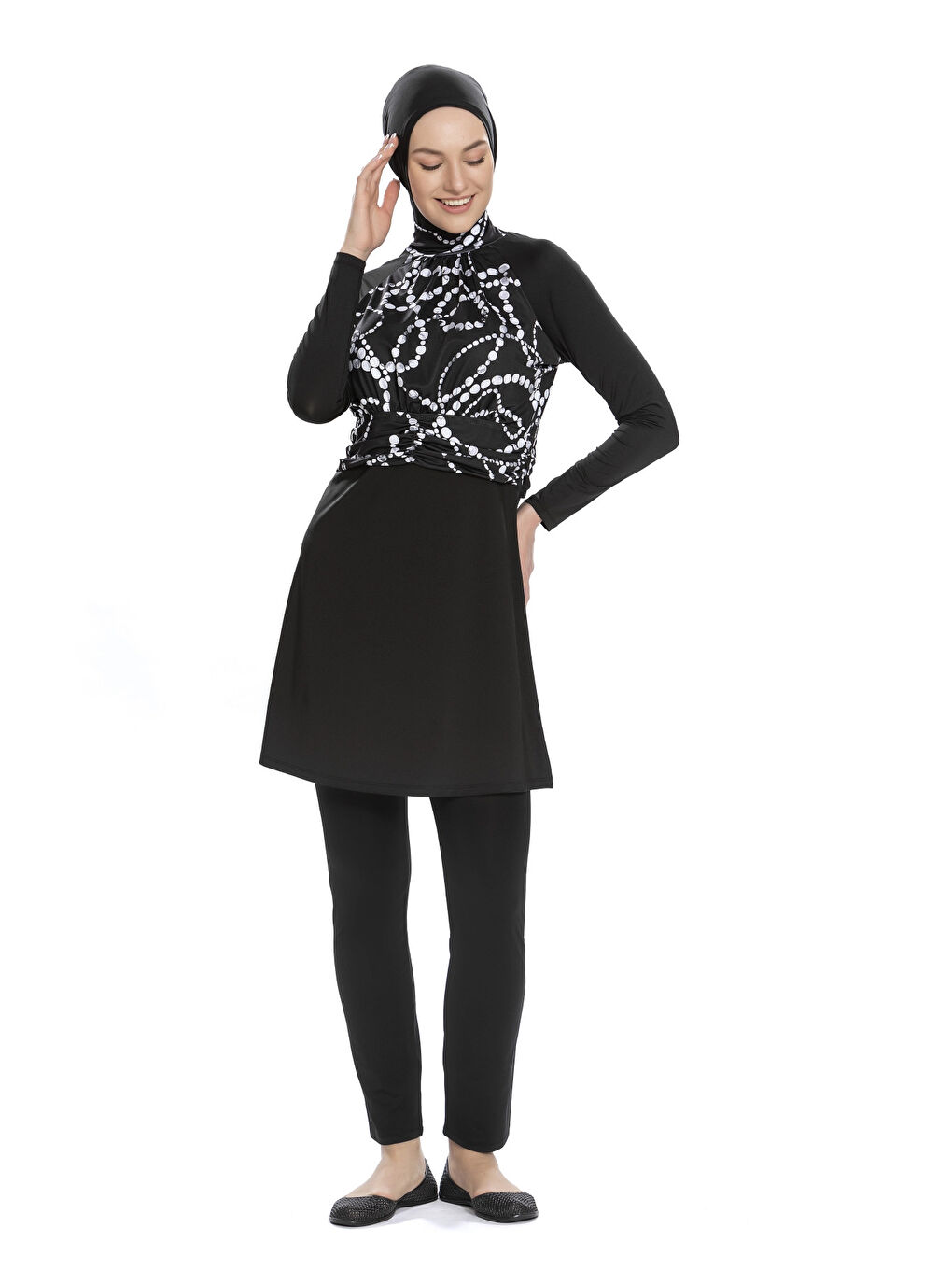 Kadın Siyah Beyaz Desenli Uzun Kollu Tam Kapalı Tesettür Mayo HZL25S-AR259/01