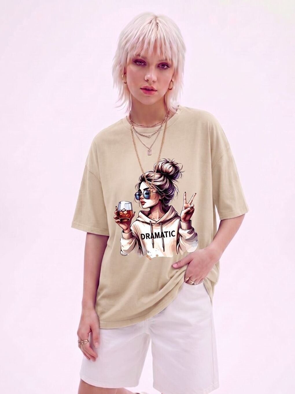 Kadın Bej Dramatic Baskı Regular Fit Tişört