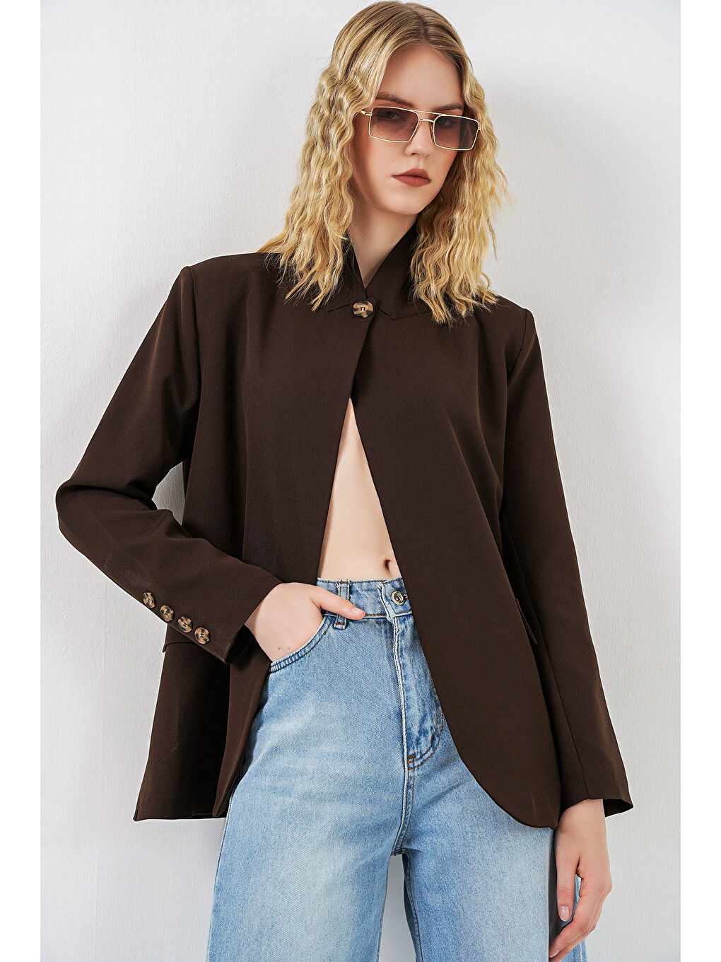 Kadın Tek Düğmeli Oversize Blazer Ceket 0749 - Kahverengi