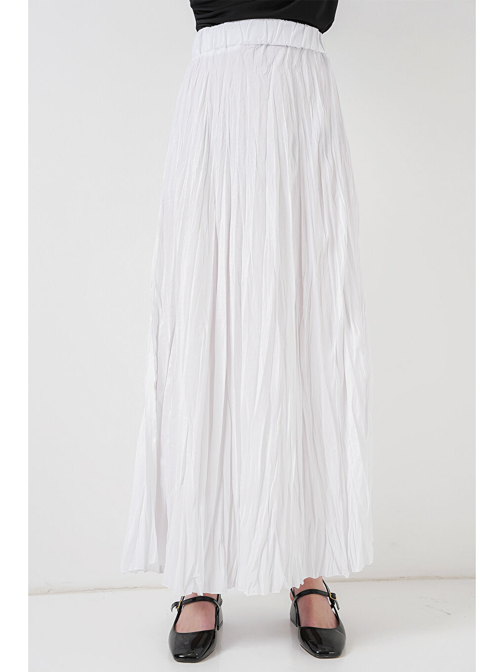 Kadın Uzun Kırışık Etek 8042 - Beyaz-1